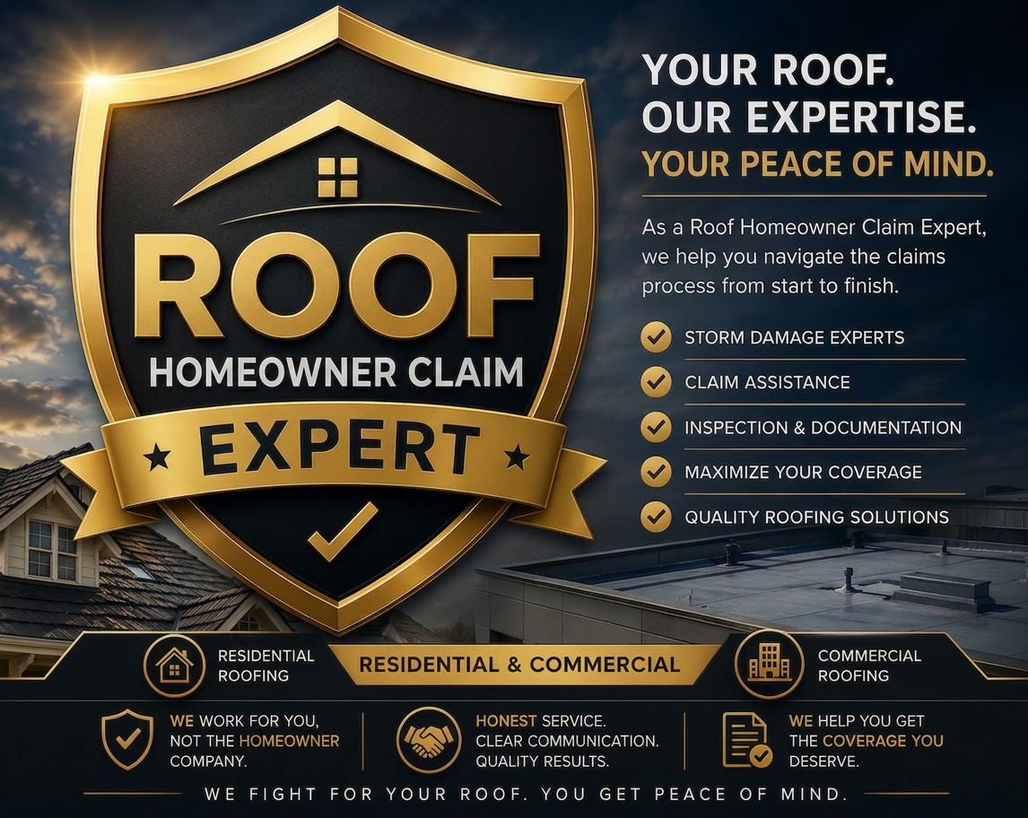 Roof Homeowner Claim Expert - Your Roof. Our Expertise. Your Peace of Mind. Storm damage experts, claim assistance, inspection & documentation, maximize your coverage, quality roofing solutions. Residential & Commercial.