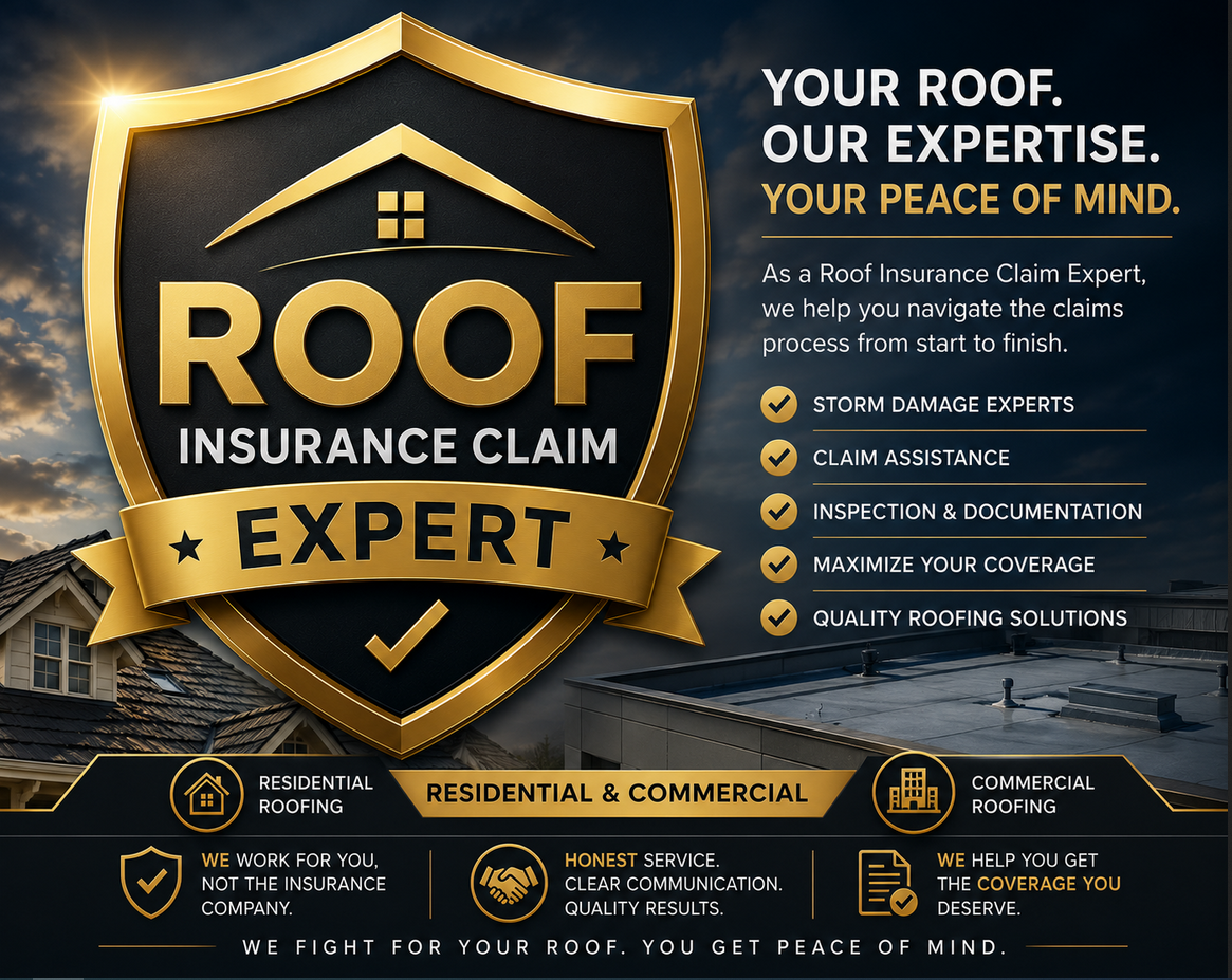 Roof Insurance Claim Expert — Your Roof. Our Expertise. Your Peace of Mind. Storm damage experts, claim assistance, inspection & documentation, maximize your coverage, quality roofing solutions. Residential & Commercial.