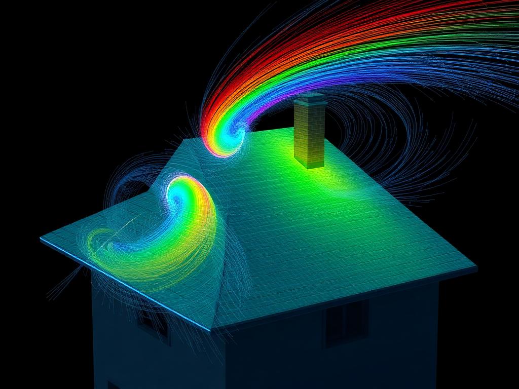 Vortex and flow dynamics around eaves and ridges document storm-event force vectors.