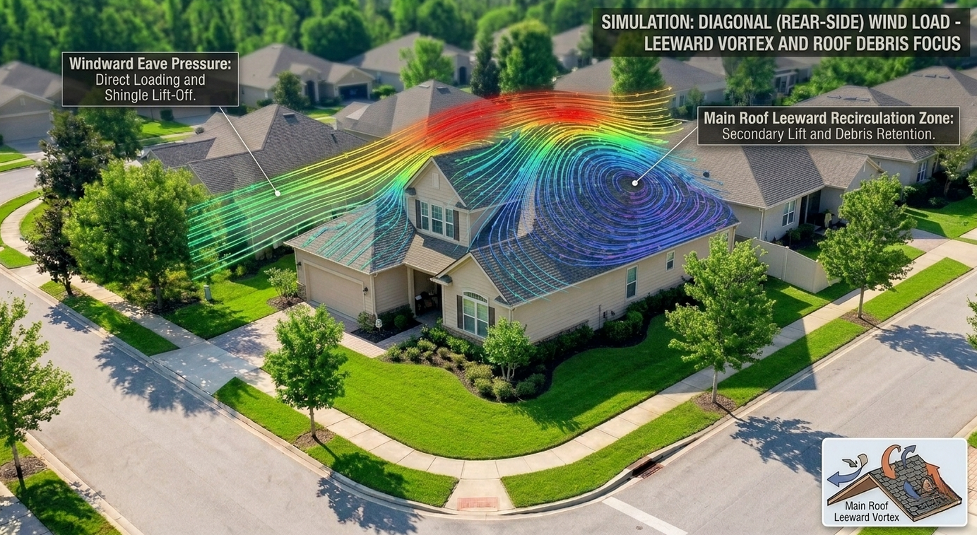 Diagonal rear-side wind load reveals leeward vortex recirculation and shingle debris retention zones.