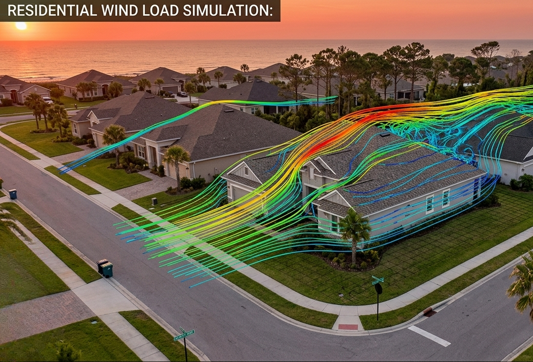 Streamline visualization of wind acceleration over ridges, valleys, and adjacent rooftops.